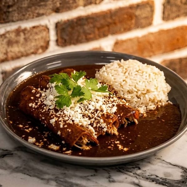 Chicken enchiladas with mole sauce, rice, crumbled cheese, and cilantro on a marble table.