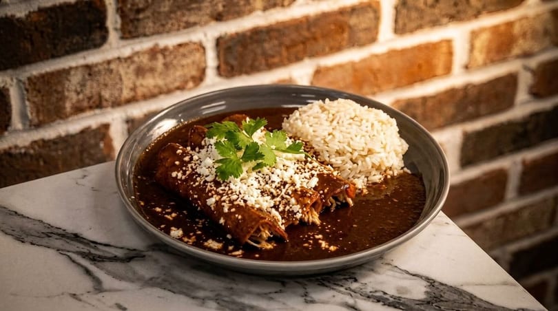 Chicken enchiladas with mole sauce, rice, crumbled cheese, and cilantro on a marble table.