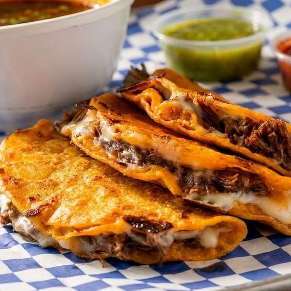 Three cheesy birria tacos with consommé and two salsas on a blue and white checkered tray.